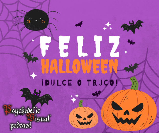 Post para Facebook de Feliz Halloween ilustrada morado negro naranja