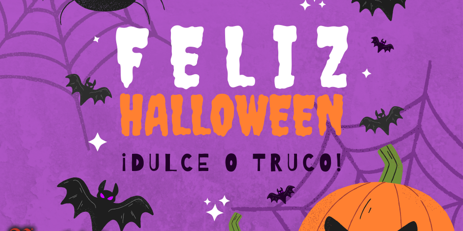 Post para Facebook de Feliz Halloween ilustrada morado negro naranja